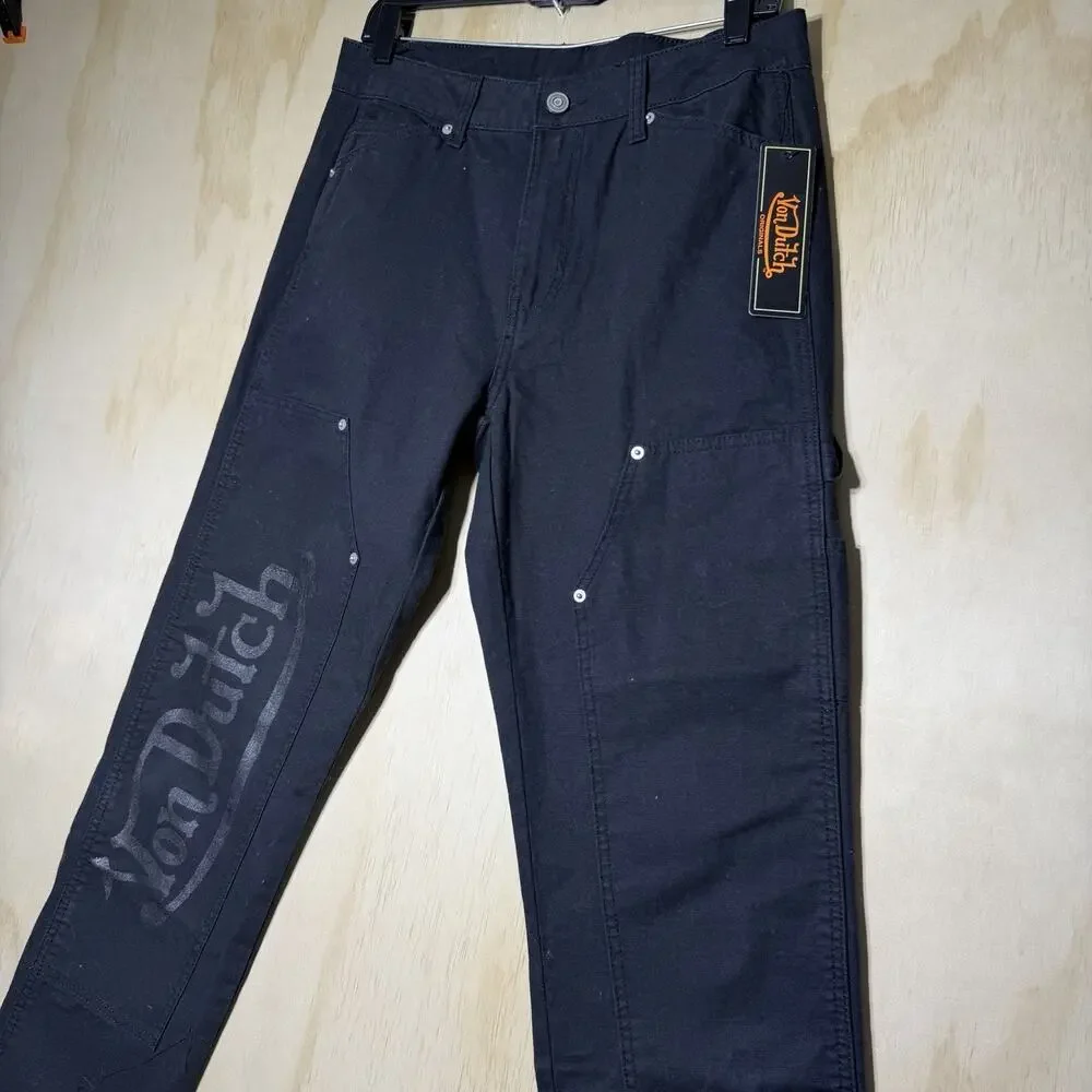 Von Dutch Originals Black Carpenter Pants‎ Graphic Logo Workwear Mens 30x32 NWT